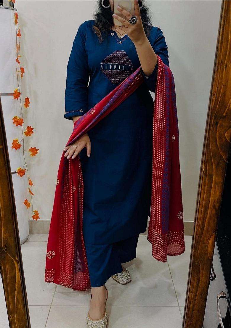 Blue Embroidered Cotton Straight Kurta Set - Indya