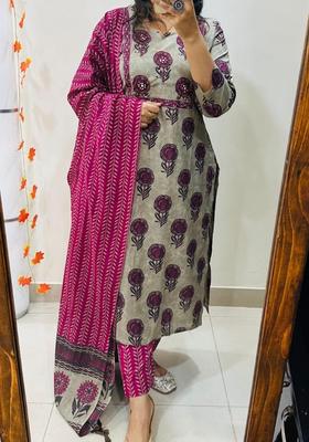 Grey Floral Print Cotton Straight Kurta Set