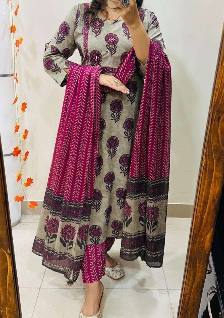 Grey Floral Print Cotton Straight Kurta Set - Indya