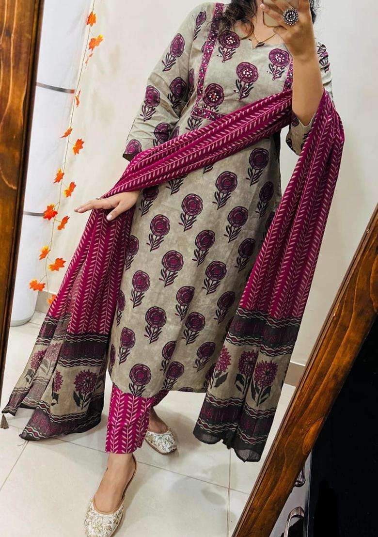 Grey Floral Print Cotton Straight Kurta Set - Indya
