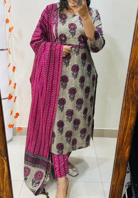 Grey Floral Print Cotton Straight Kurta Set