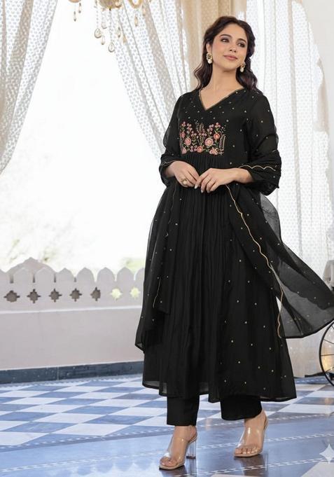 Black Embroidered Cotton Anarkali Set