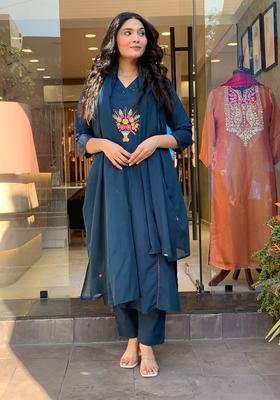 Blue Embroidered Cotton Straight Kurta Set