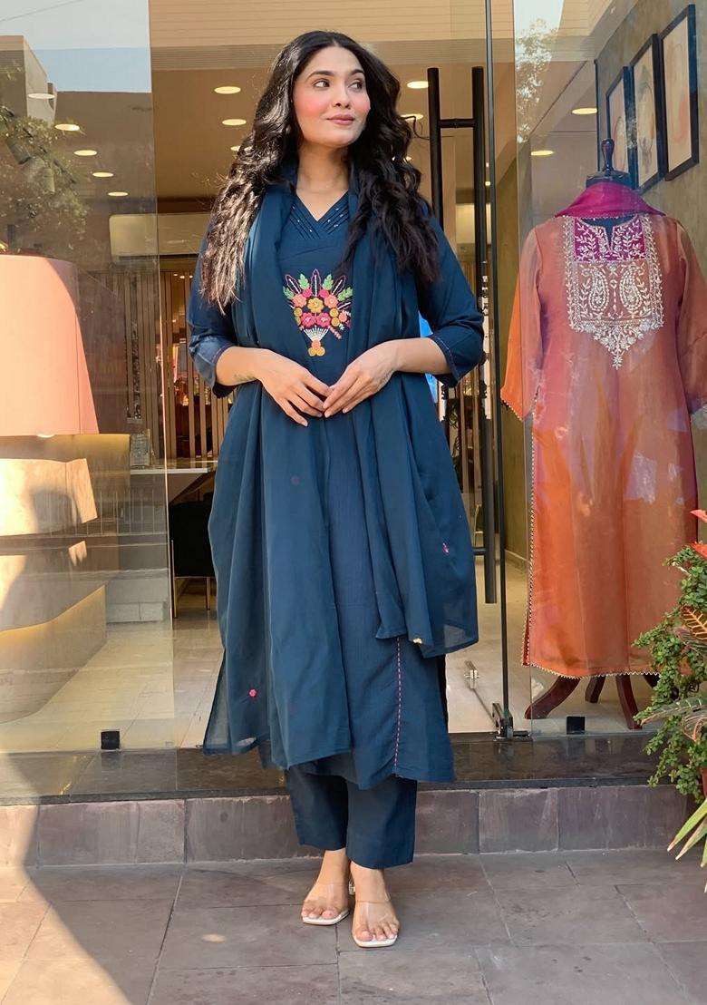 Blue Embroidered Cotton Straight Kurta Set - Indya