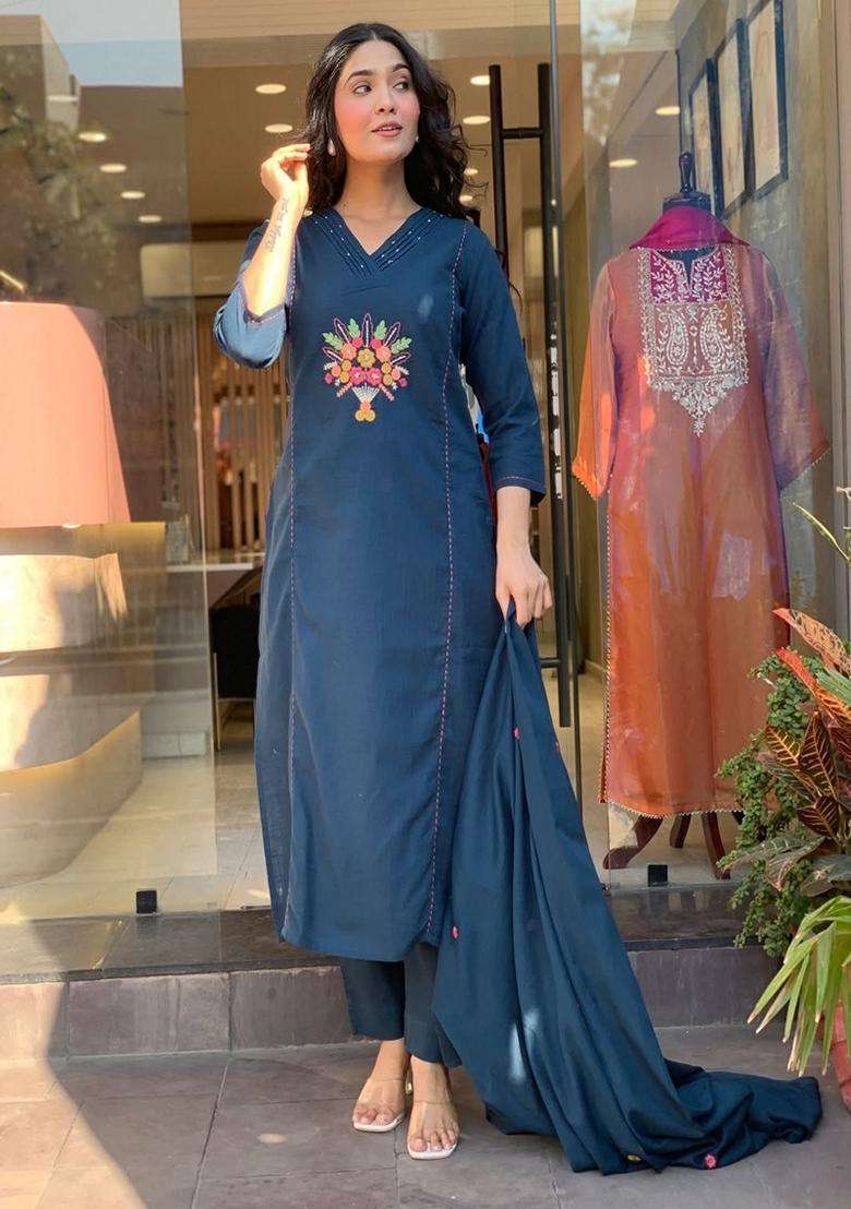 Blue Embroidered Cotton Straight Kurta Set - Indya