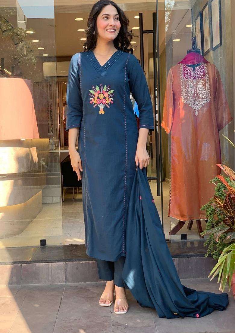 Blue Embroidered Cotton Straight Kurta Set - Indya