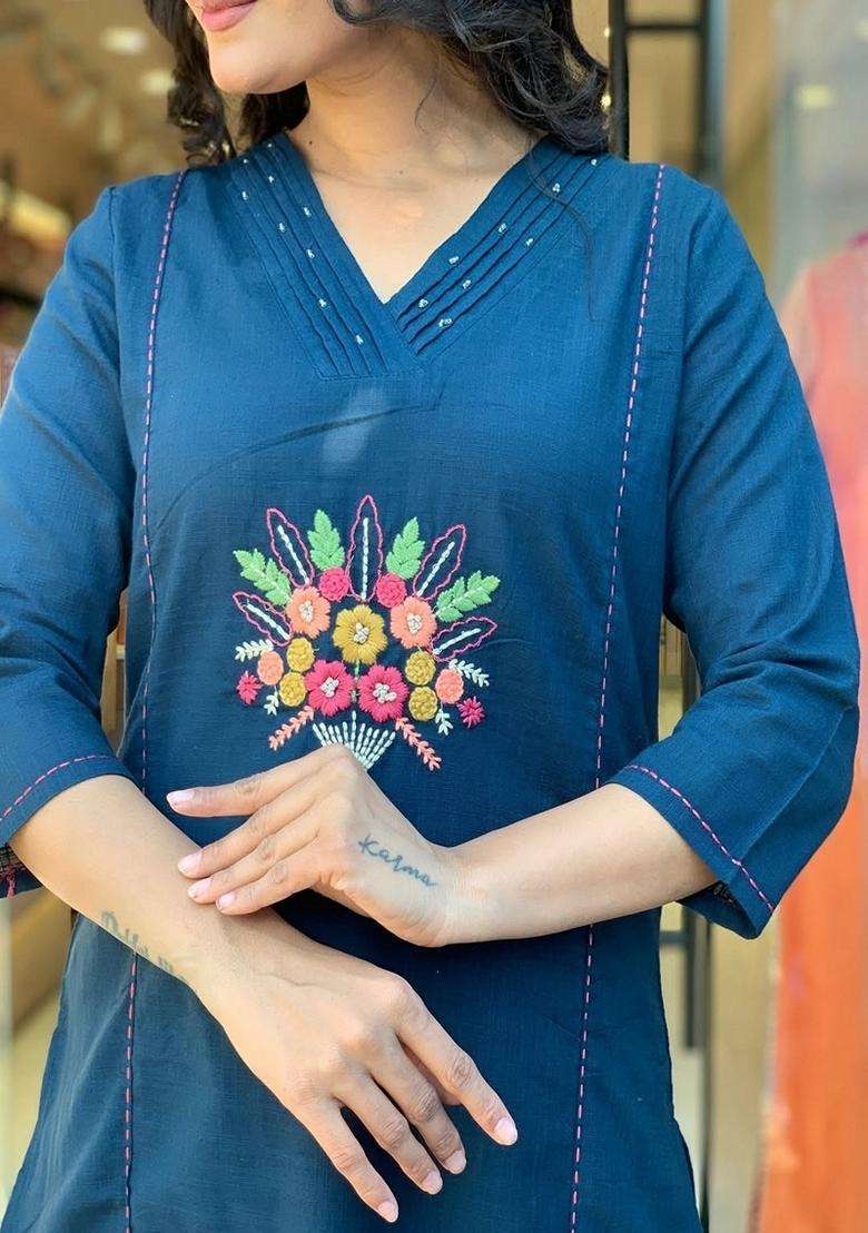 Blue Embroidered Cotton Straight Kurta Set - Indya
