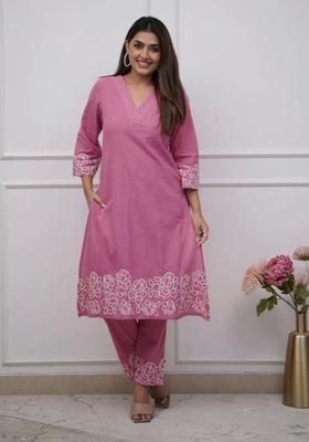 Pink Chikankari Cotton Straight Kurta Set