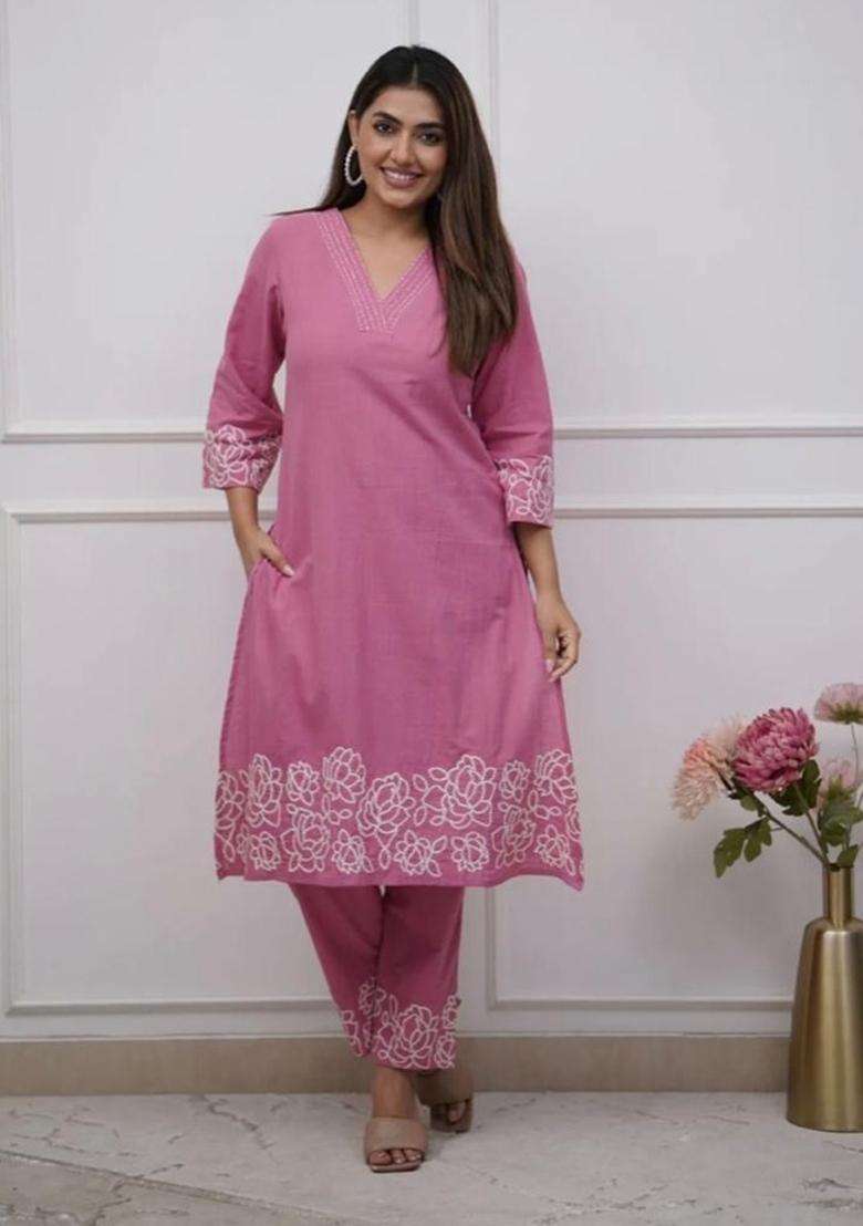 Pink Chikankari Cotton Straight Kurta Set - Indya