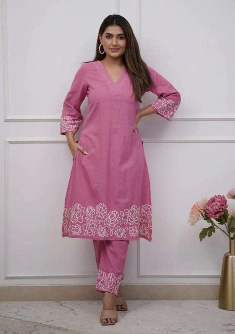 Pink Chikankari Cotton Straight Kurta Set - Indya