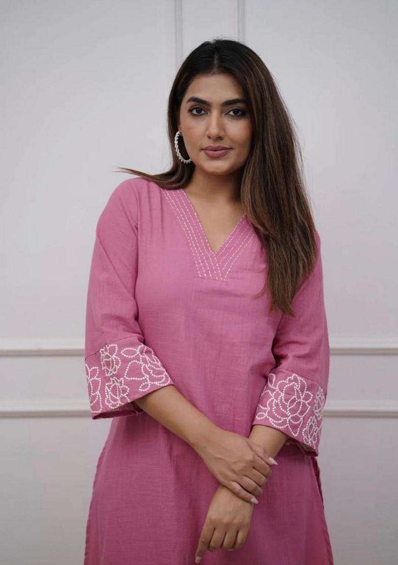Pink Chikankari Cotton Straight Kurta Set - Indya
