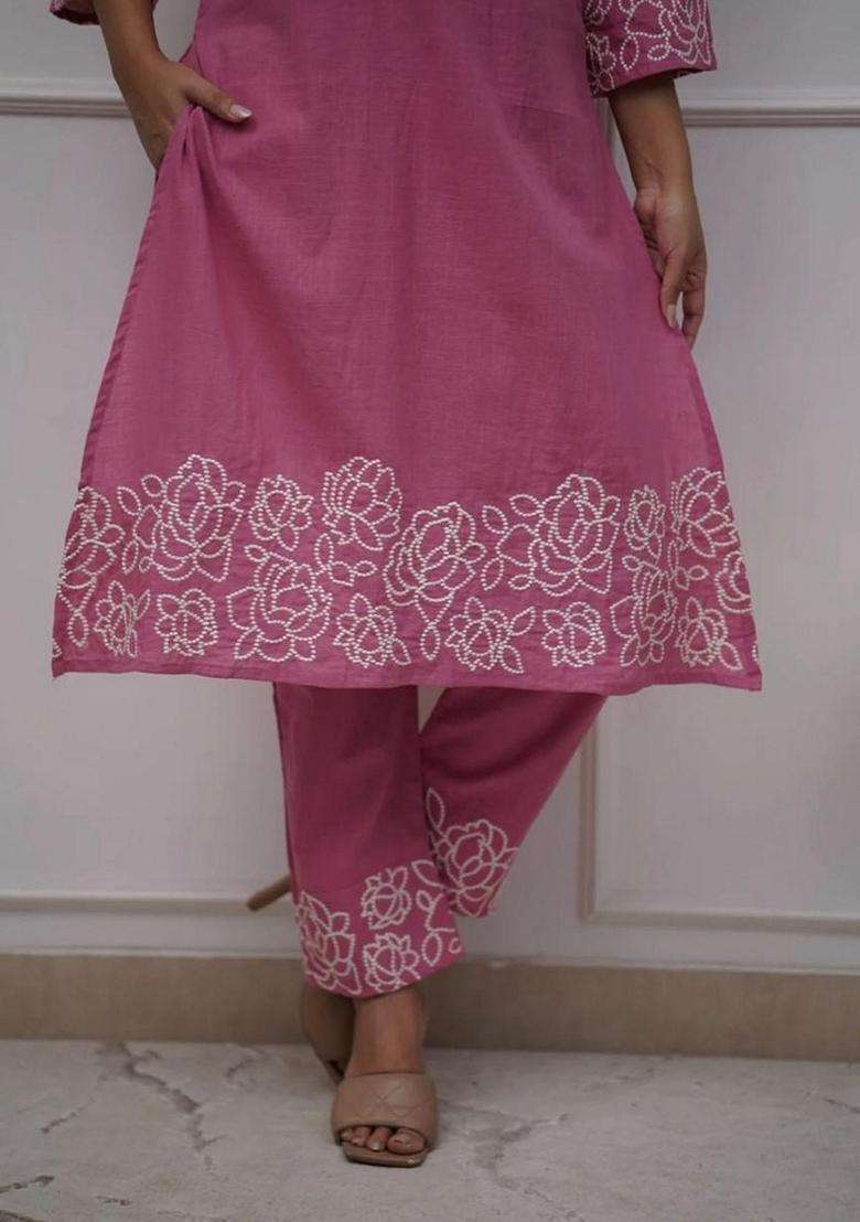 Pink Chikankari Cotton Straight Kurta Set - Indya
