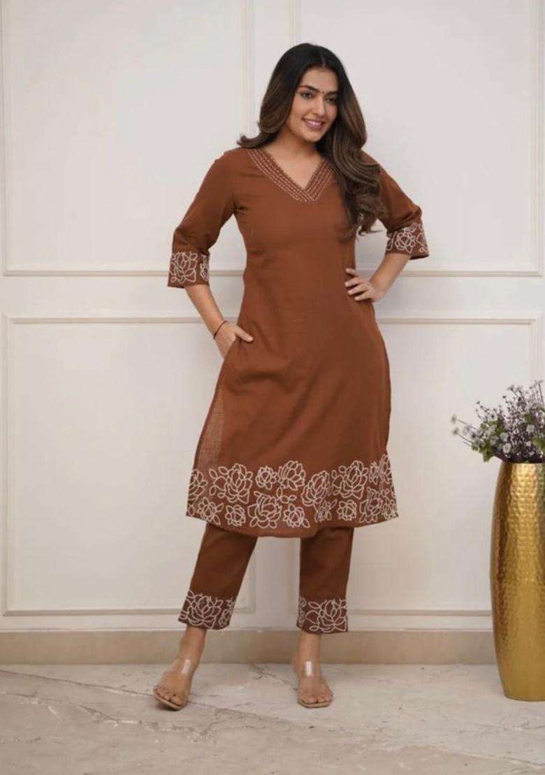 Brown Embroidered Cotton Straight Kurta Set - Indya