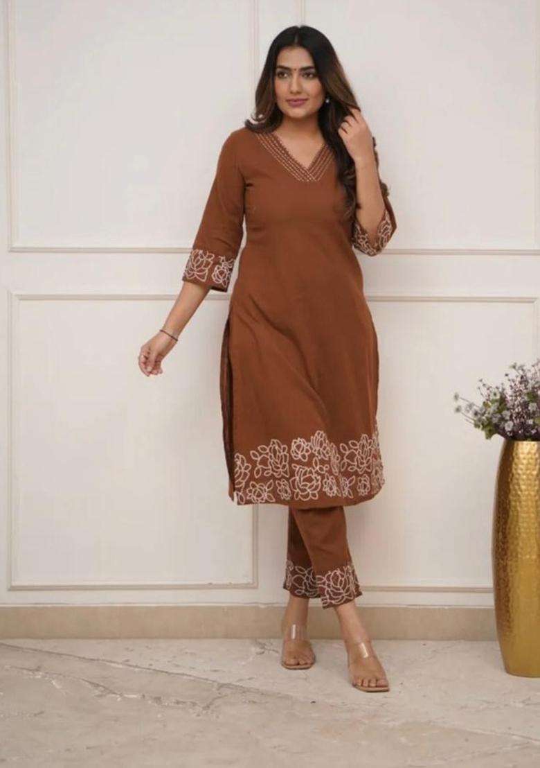 Brown Embroidered Cotton Straight Kurta Set - Indya