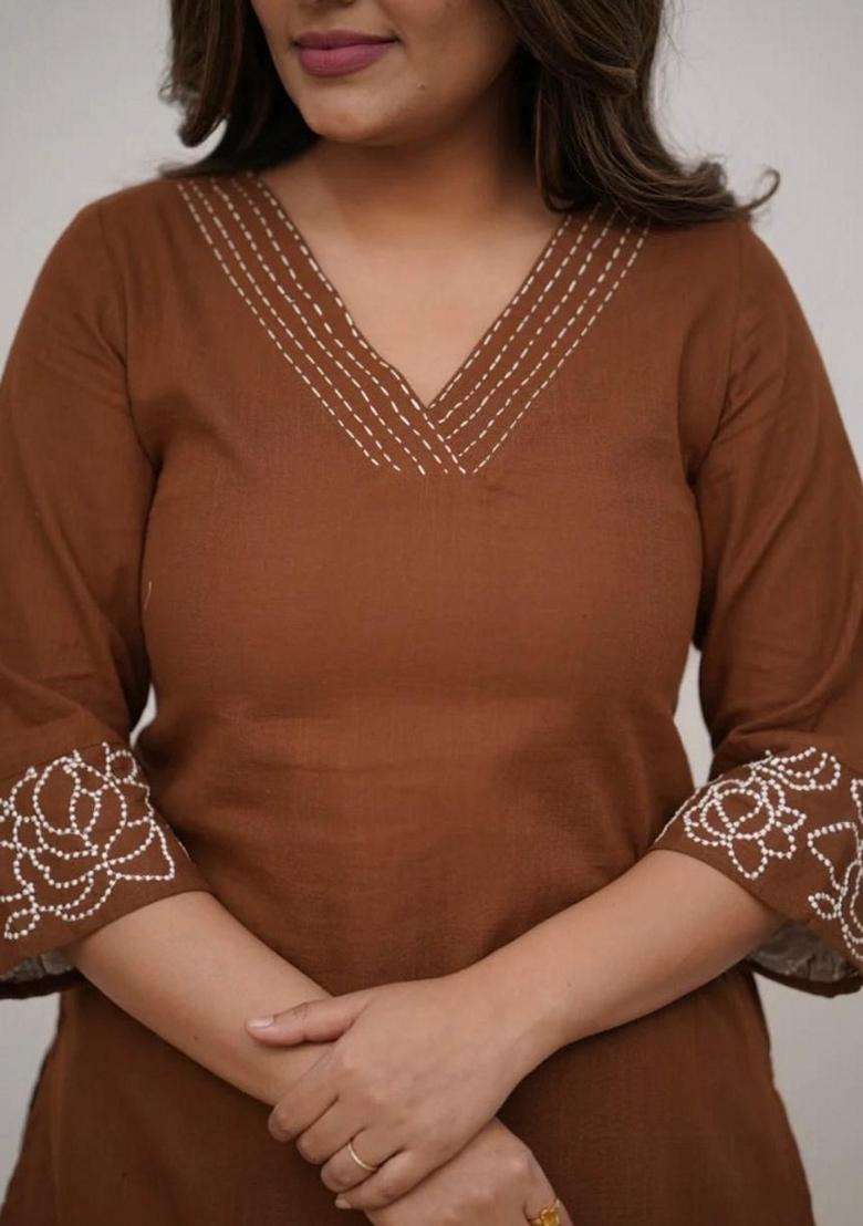 Brown Embroidered Cotton Straight Kurta Set - Indya