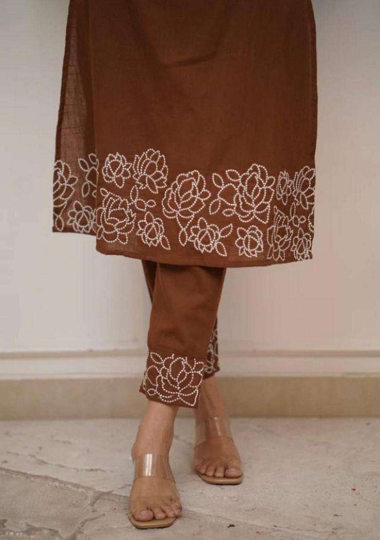 Brown Embroidered Cotton Straight Kurta Set - Indya