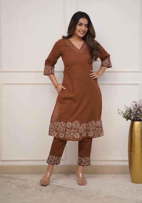 Brown Embroidered Cotton Straight Kurta Set
