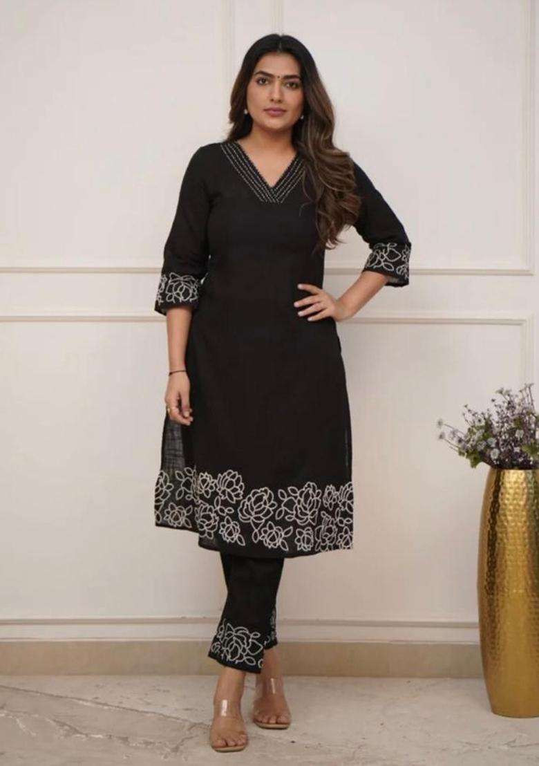 Black Embroidered Cotton Straight Kurta Set - Indya