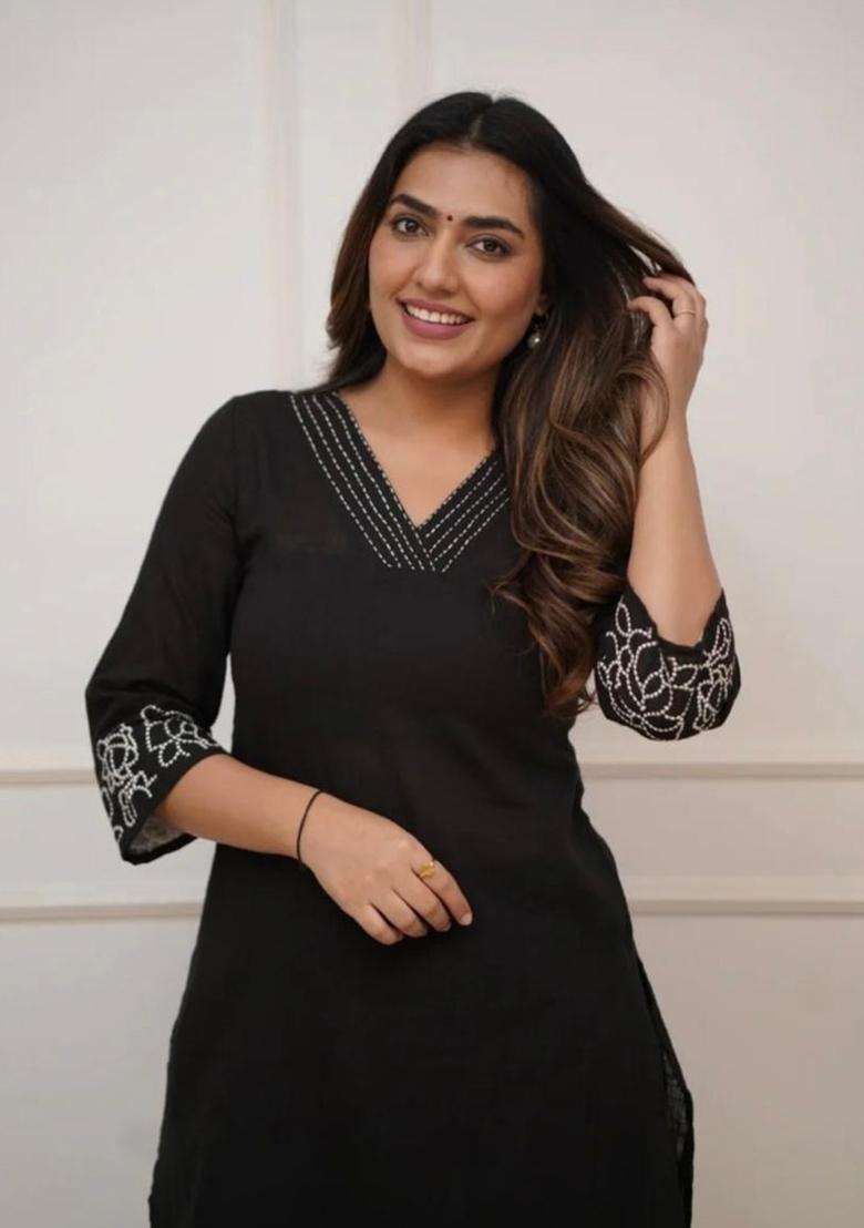 Black Embroidered Cotton Straight Kurta Set - Indya