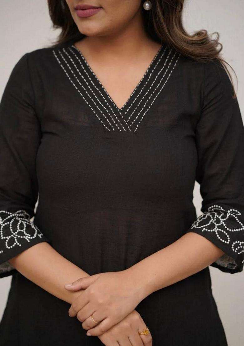 Black Embroidered Cotton Straight Kurta Set - Indya