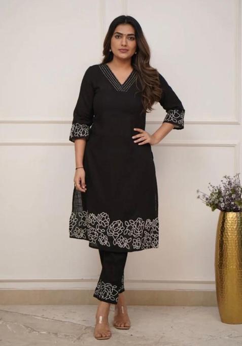 Black Embroidered Cotton Straight Kurta Set