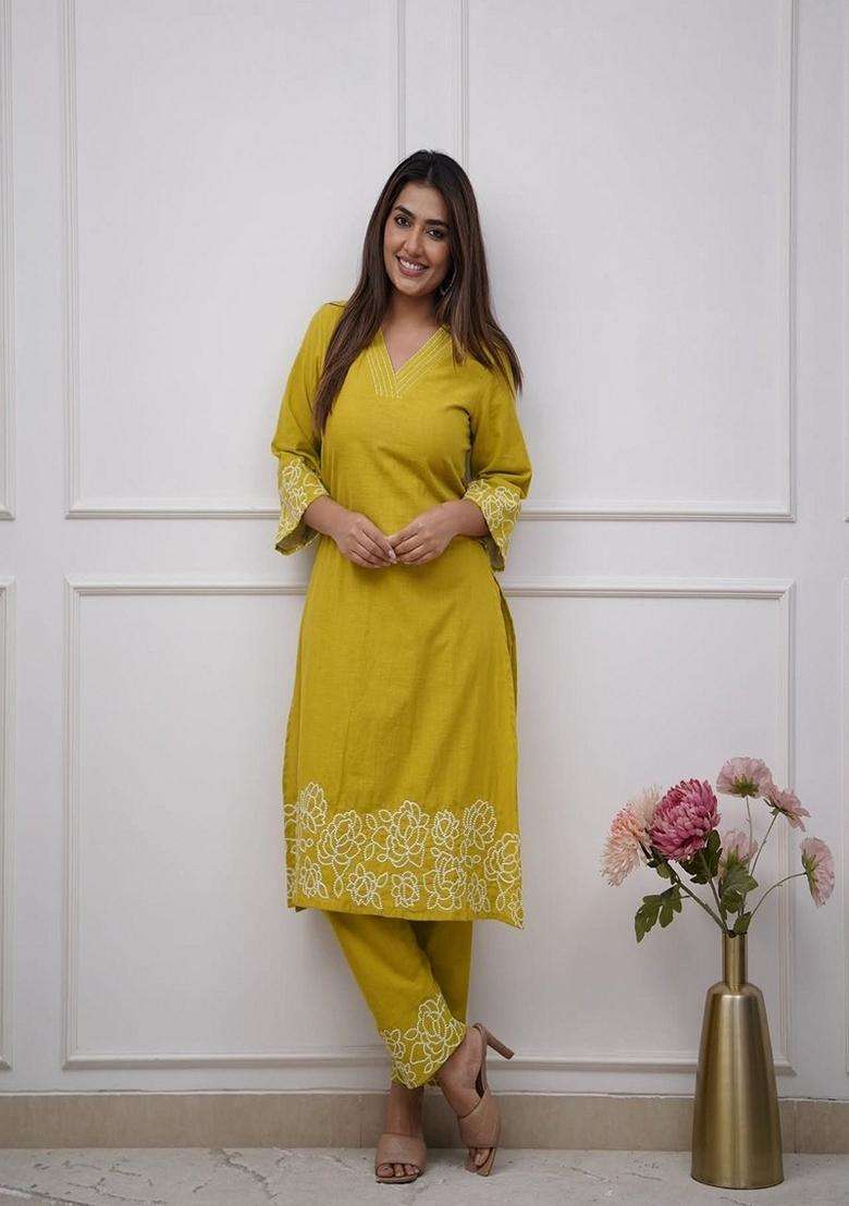 Yellow Embroidered Cotton Straight Kurta Set - Indya