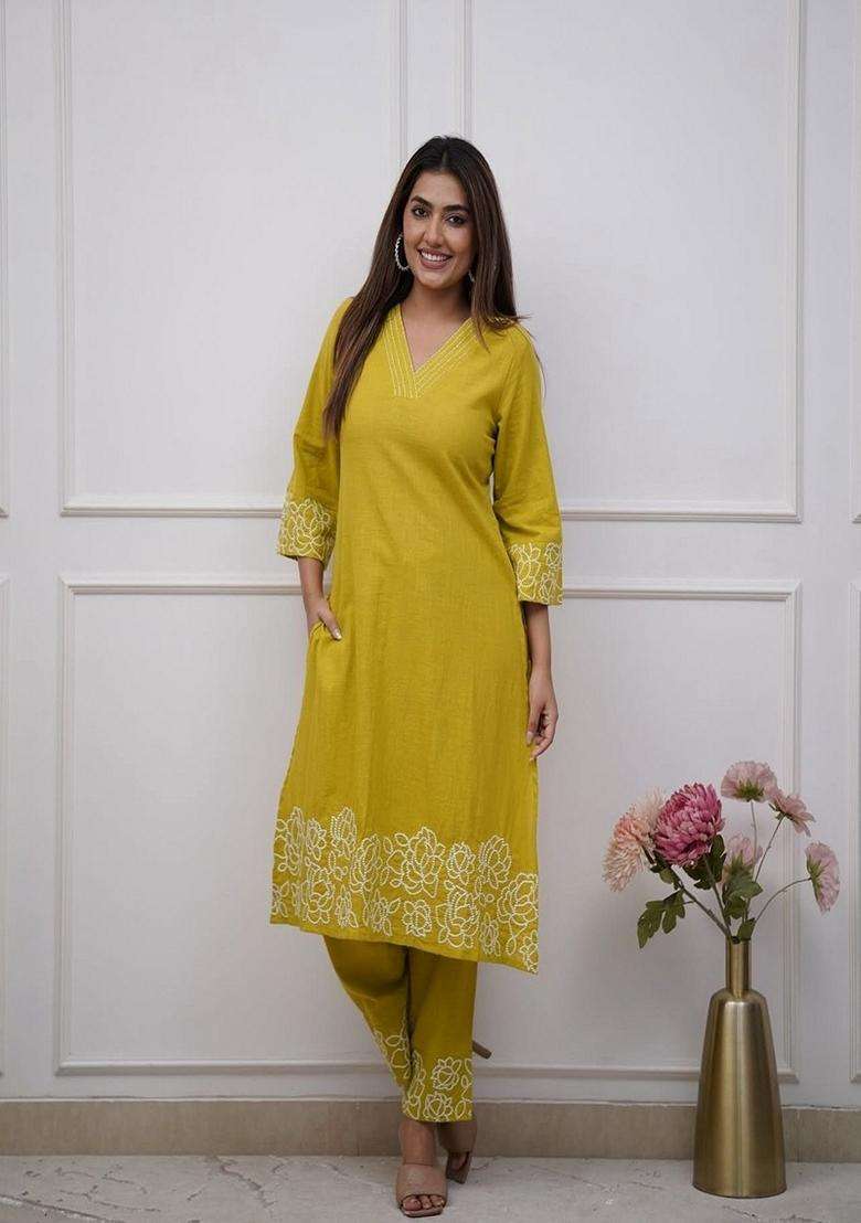 Yellow Embroidered Cotton Straight Kurta Set - Indya