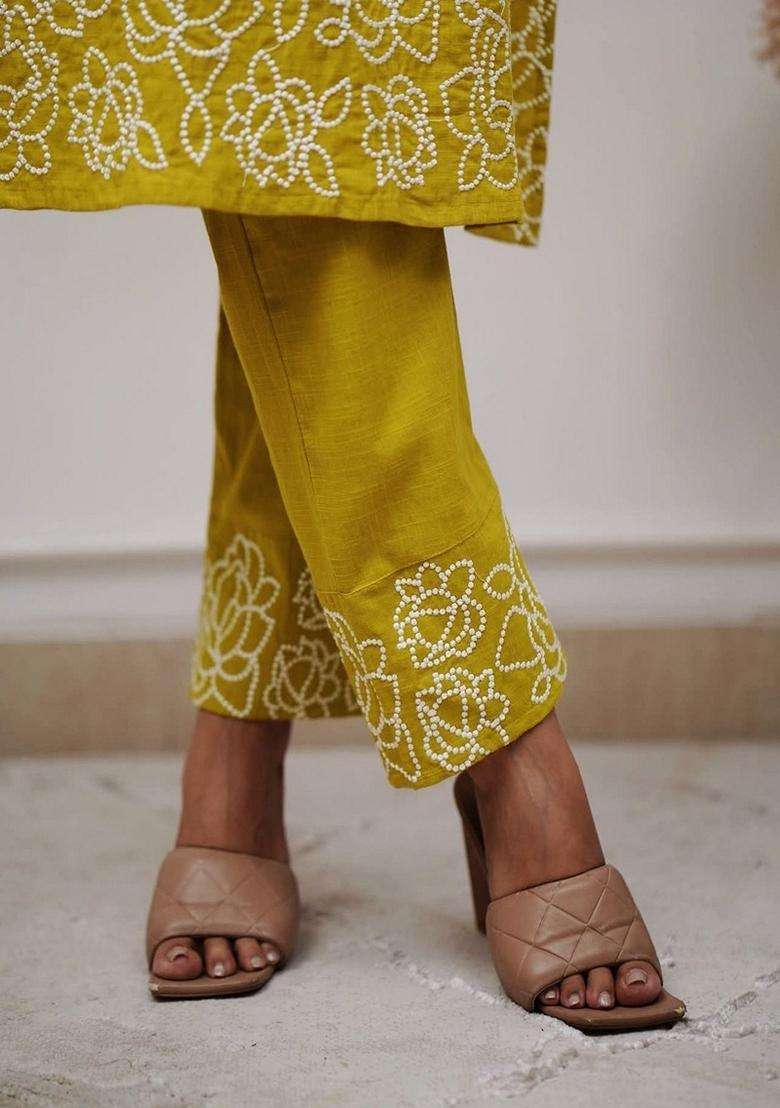 Yellow Embroidered Cotton Straight Kurta Set - Indya