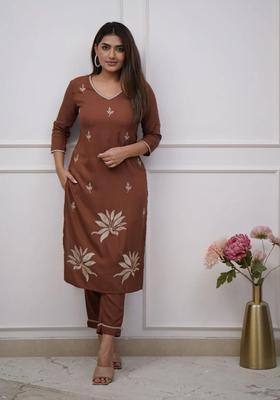 Brown Embroidered Cotton Straight Kurta Set