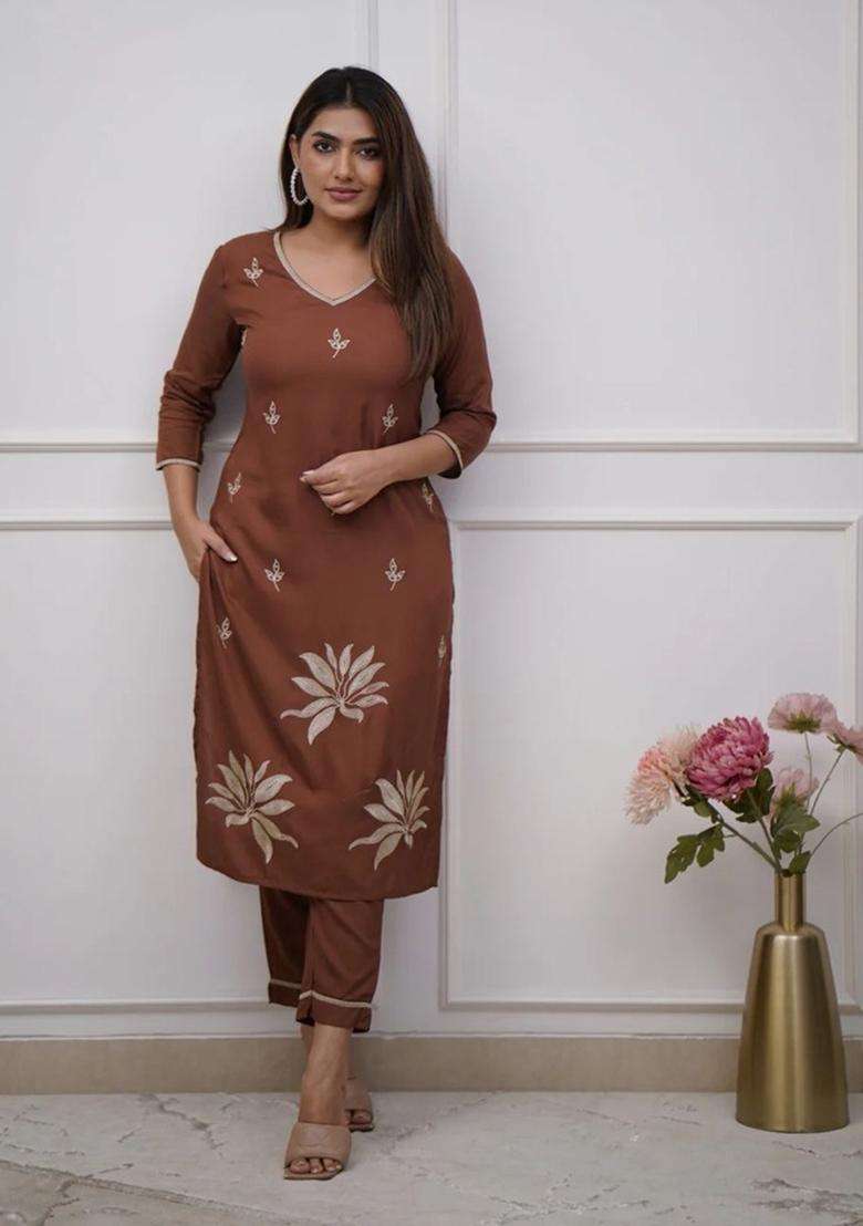 Brown Embroidered Cotton Straight Kurta Set - Indya