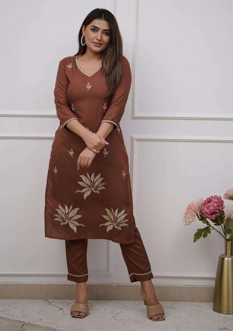 Brown Embroidered Cotton Straight Kurta Set - Indya