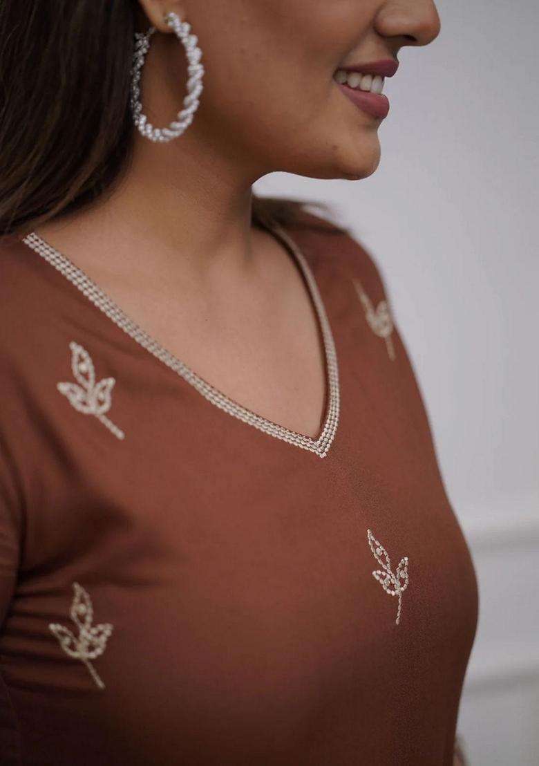 Brown Embroidered Cotton Straight Kurta Set - Indya