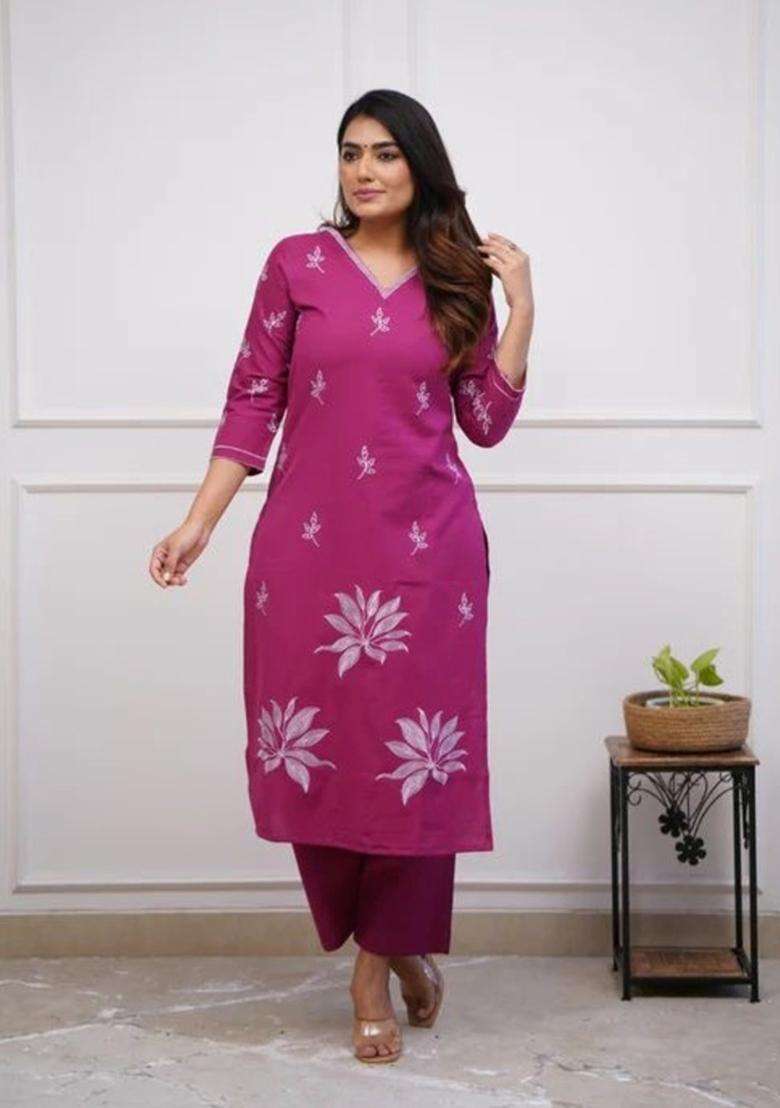 Pink Embroidered Cotton Straight Kurta Set - Indya