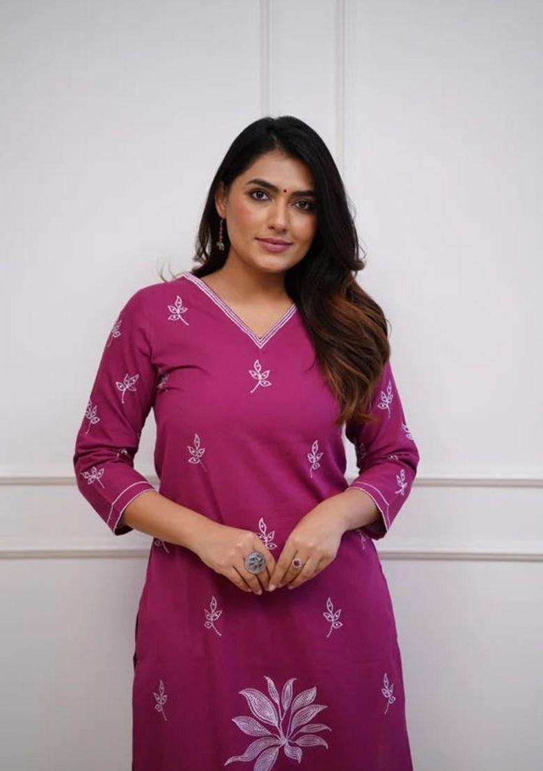 Pink Embroidered Cotton Straight Kurta Set - Indya