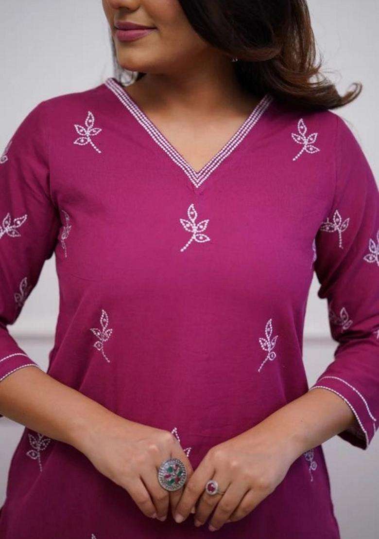 Pink Embroidered Cotton Straight Kurta Set - Indya