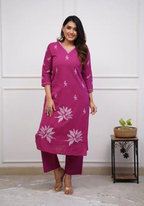 Pink Embroidered Cotton Straight Kurta Set