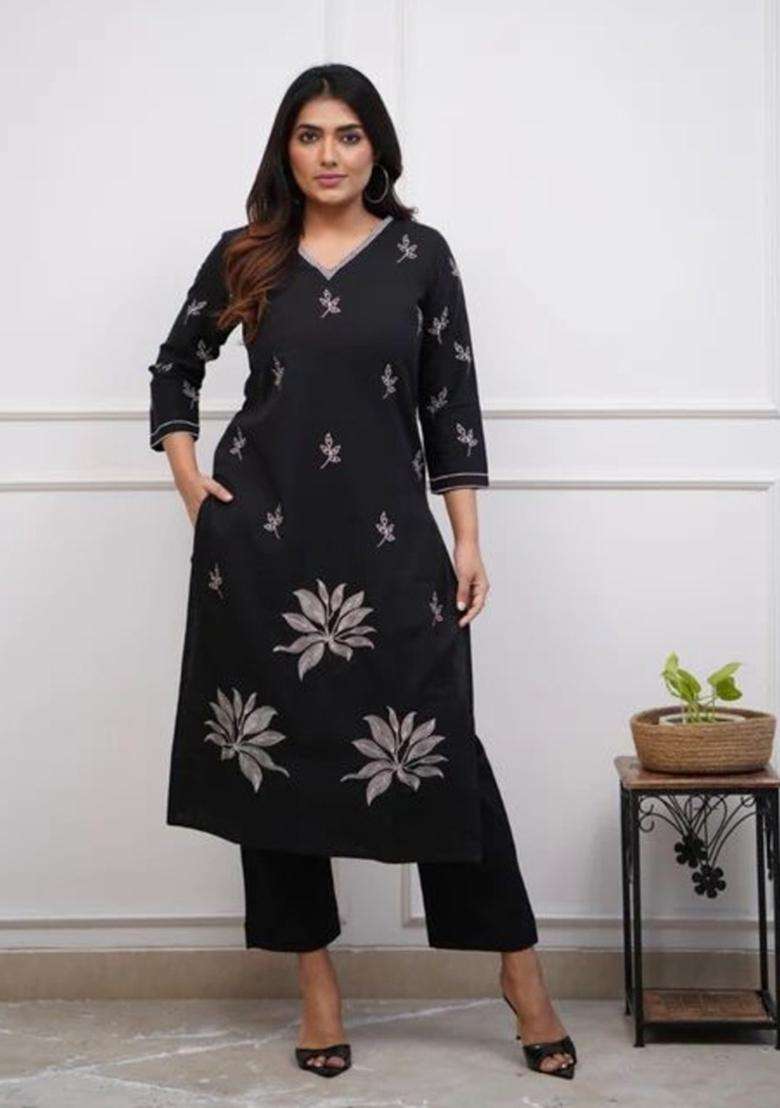 Black Embroidered Cotton Straight Kurta Set - Indya