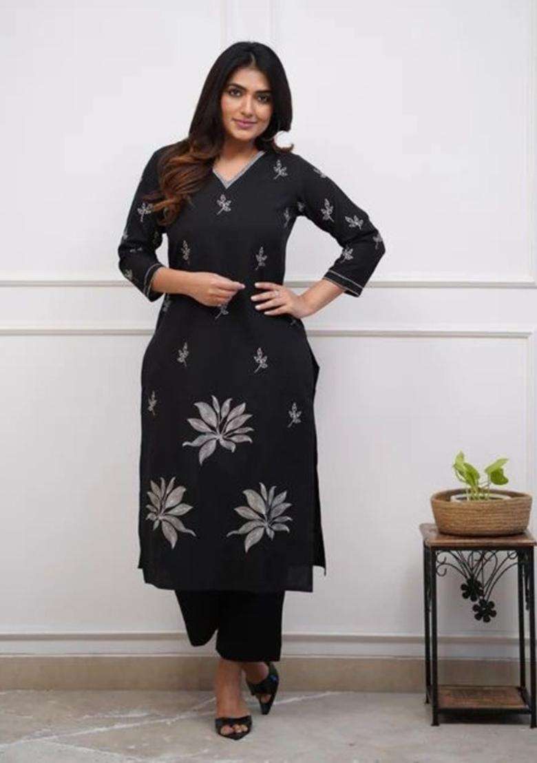 Black Embroidered Cotton Straight Kurta Set - Indya