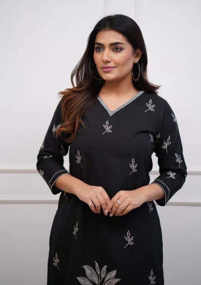 Black Embroidered Cotton Straight Kurta Set - Indya