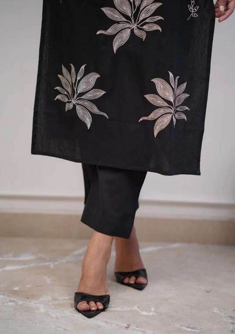 Black Embroidered Cotton Straight Kurta Set - Indya