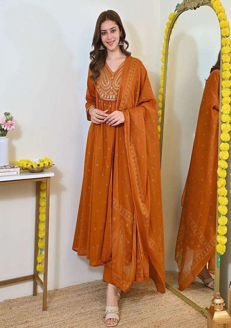 Orange Embroidered Cotton Anarkali Set - Indya