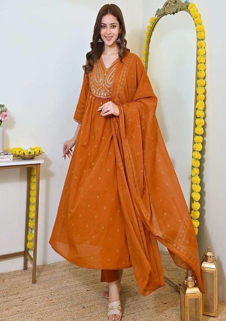 Orange Embroidered Cotton Anarkali Set - Indya