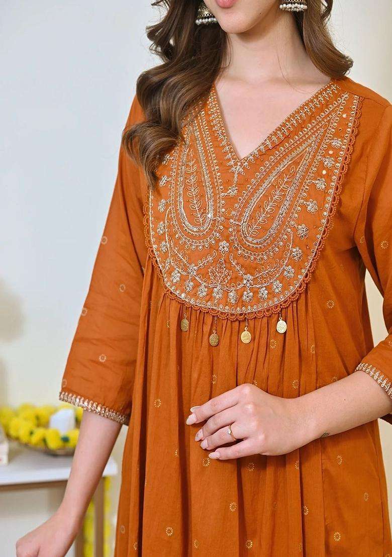 Orange Embroidered Cotton Anarkali Set - Indya