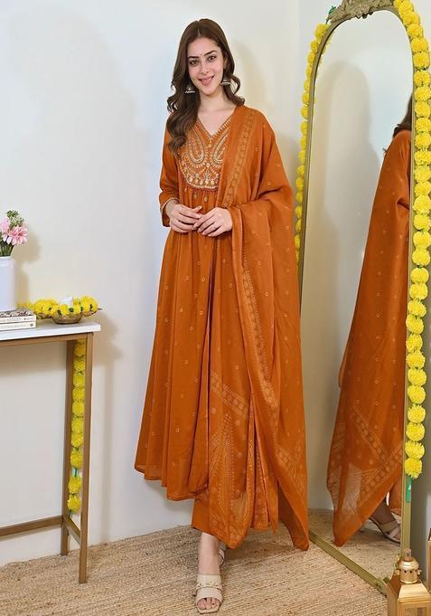 Orange Embroidered Cotton Anarkali Set