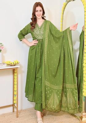 Green Embroidered Cotton Anarkali Set