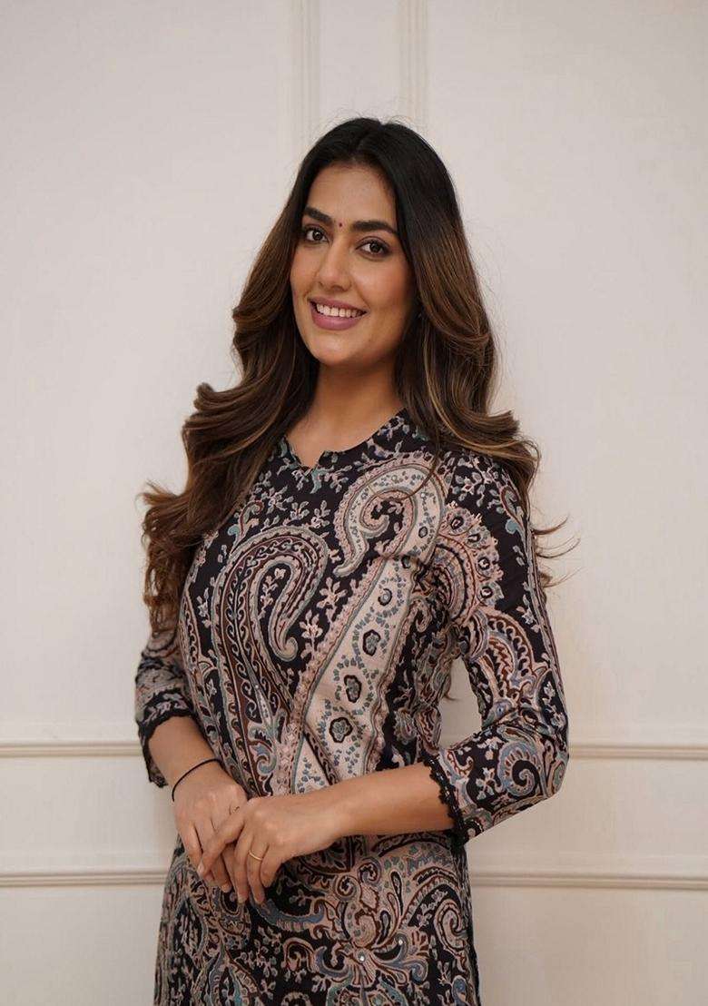 Black Printed Cotton Straight Kurta Set - Indya