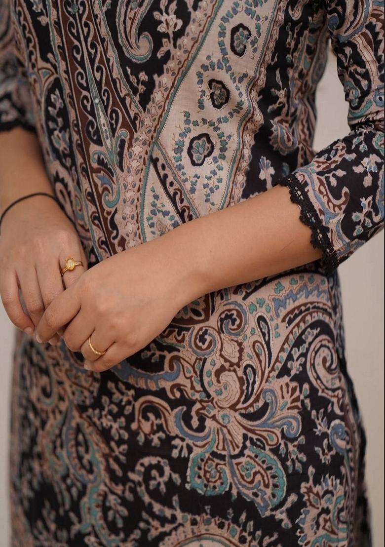 Black Printed Cotton Straight Kurta Set - Indya