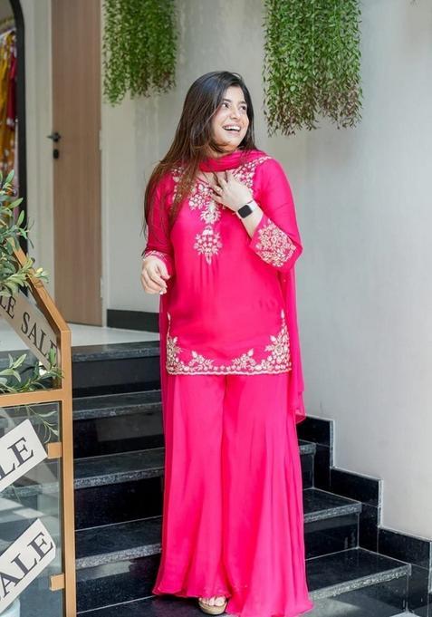 Pink Embroidered Chanderi Sharara Set