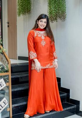 Orange Embroidered Chanderi Sharara Set
