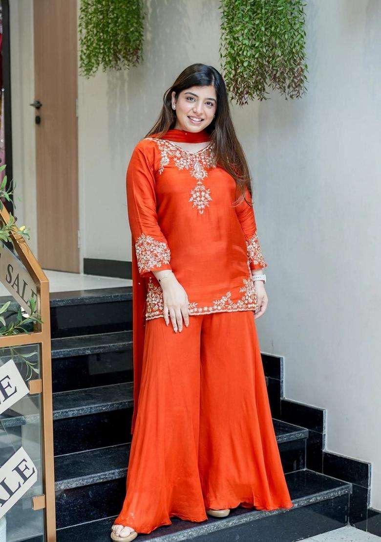 Orange Embroidered Chanderi Sharara Set - Indya